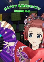 Rule 34 | 1girl, absurdres, aion no uta (love live!), alternate hairstyle, aqua eyes, artist name, artist request, blue eyes, blue sky, blush, bow, braid, breasts, brown hair, cloud, collarbone, crown braid, emma verde, female focus, floral print, flower, flower print, folding fan, freckles, hair between eyes, hair flower, hair ornament, hair stick, hairband, hand fan, highres, holding, holding fan, japanese clothes, kimono, long hair, long sleeves, looking at viewer, love live!, love live! nijigasaki high school idol club, love live! school idol festival, love live! school idol festival all stars, low twintails, night, night sky, obi, on stage, outdoors, parted lips, pink flower, polka dot, polka dot bow, polka dot hairband, purple flower, red flower, red hair, red kimono, sash, short kimono, sky, smile, solo, stage, stage lights, twintails, upper body, white flower, wide sleeves
