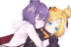 Rule 34 | 2girls, ;), abigail williams (fate), abigail williams (traveling outfit) (fate), absurdres, bag, black bow, black jacket, blonde hair, blue eyes, blush, bow, cellphone, closed mouth, commentary request, crossed bandaids, fate/grand order, fate (series), fei mao, fingernails, flower, hair between eyes, hair bow, hair bun, hair flower, hair ornament, heroic spirit traveling outfit, highres, holding, holding phone, hood, hood down, hoodie, hug, jacket, katsushika hokusai (fate), katsushika hokusai (traveling outfit) (fate), key, long hair, long sleeves, multiple girls, hugging object, official alternate costume, one eye closed, orange bow, parted bangs, phone, purple eyes, purple hair, revision, shoulder bag, simple background, single hair bun, sleeves past fingers, sleeves past wrists, smile, stuffed animal, stuffed toy, teddy bear, v, white background, white flower, white hoodie