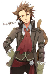 Rule 34 | 1boy, alvin (tales), animal ears, ascot, bad id, bad pixiv id, brown eyes, brown hair, cat boy, cat ears, gloves, hand on own hip, hip focus, kemonomimi mode, male focus, pants, potechi norisio, smile, solo, spiked hair, tales of (series), tales of xillia, white background