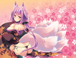 Rule 34 | animal ears, areola slip, ass, bare shoulders, black legwear, black panties, blush, bow, breasts, cleavage, floral background, fox ears, fox tail, hair bow, japanese clothes, kimono, large breasts, long hair, looking at viewer, looking back, panties, purple hair, red eyes, shimakaze (soundz of bell), side-tie panties, smile, solo, tail, thong, underwear
