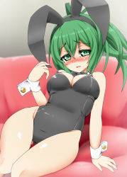 Rule 34 | 1girl, animal ears, blush, bow, bowtie, breasts, cleavage, couch, detached collar, duel monster, fake animal ears, green eyes, green hair, highres, kiramashi (satsujinki), leotard, long hair, looking at viewer, matching hair/eyes, open mouth, playboy bunny, ponytail, rabbit ears, satsujinki (artist), solo, wrist cuffs, wynn the wind charmer, yu-gi-oh!