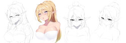 Rule 34 | 1girl, :o, blonde hair, bow, breasts, collarbone, dress, elf, expressions, feng mouren, glasses, hair bow, large breasts, neck ribbon, original, partially colored, pointy ears, ponytail, ribbon, sketch, sleeveless, sleeveless dress, strapless, strapless dress, upper body, white dress