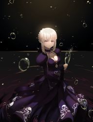 Rule 34 | 1girl, absurdres, artoria pendragon (all), artoria pendragon (fate), blonde hair, breasts, cleavage, collarbone, commentary, cup, dark background, dress, fate/grand order, fate (series), glass, highres, holding, holding cup, long dress, long sleeves, looking at viewer, medium breasts, oni22, parted lips, puffy sleeves, purple dress, ribbon, saber alter, short hair, solo, yellow eyes