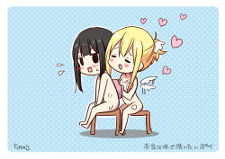Rule 34 | 2girls, :d, = =, afterimage, amatsuka poi, bad id, bad pixiv id, barefoot, between legs, black hair, blonde hair, blue background, blush, chibi, chijou noko, chikanoko, closed eyes, commentary request, convenient censoring, detached wings, flying sweatdrops, hair between eyes, hand between legs, heart, long hair, medium hair, multiple girls, nude, open mouth, polka dot, polka dot background, ragho no erika, sidelocks, sitting, smile, soap bubbles, soap censor, stool, translation request, v-shaped eyebrows, washing back, white wings, wings