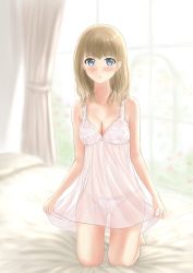 Rule 34 | 1girl, backlighting, bed, blonde hair, blue eyes, blurry, blurry background, blush, bow, bow panties, breasts, cameltoe, chemise, cleavage, commentary request, curtains, depth of field, full body, gluteal fold, highres, indoors, kneeling, lace, lace-trimmed panties, lace trim, light frown, lingerie, looking at viewer, medium breasts, medium hair, on bed, original, panties, parted lips, partial commentary, see-through, skirt hold, solo, string panties, thighs, underwear, white panties, yurugumo