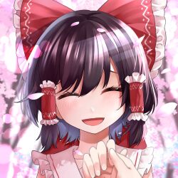 Rule 34 | 1girl, 1other, blush, bow, brown hair, cherry blossoms, closed eyes, commentary request, facing viewer, falling petals, frilled bow, frilled hair tubes, frills, hair bow, hair tubes, hakurei reimu, highres, holding hands, long hair, nodoguro (phi-tan), open mouth, petals, pink petals, red bow, smile, touhou