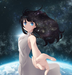 Rule 34 | 1girl, armpits, bare shoulders, black hair, dress, earth (planet), long hair, original, outstretched arm, outstretched hand, planet, smile, solo, space, star-shaped pupils, star (sky), star (symbol), symbol-shaped pupils, yassy (yasikoz2008)