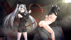 Rule 34 | abyssal crane princess, arms behind back, ass, bdsm, bondage, bound, bound wrists, breasts, colored skin, detached sleeves, femdom, hair between eyes, headgear, highres, horns, kantai collection, long hair, nude, orange eyes, small breasts, spanked, spanking, torture, whip, white hair, white skin, window, wooden horse, zavok, zuikaku (kancolle)
