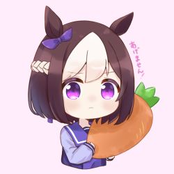 Rule 34 | 1girl, agemasen! (meme), animal ears, bow, braid, brown hair, carrot, closed mouth, commentary, cropped torso, ear bow, food, french braid, holding, holding food, horse ears, ixia (ixia424), light blush, long sleeves, looking at viewer, meme, multicolored hair, pink background, purple bow, purple eyes, purple sailor collar, purple shirt, sailor collar, school uniform, serafuku, shirt, short hair, simple background, solo, special week (umamusume), tracen school uniform, translated, two-tone hair, umamusume, white hair