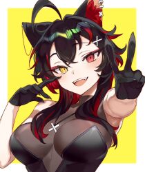 Rule 34 | 1girl, ahoge, animal ear fluff, animal ears, black gloves, black hair, breasts, cat ears, colored inner hair, earrings, fang, gloves, heterochromia, highres, jewelry, large breasts, lita (winterkindlita), long hair, looking at viewer, multicolored hair, open mouth, original, red eyes, red hair, second-party source, slit pupils, solo, two-tone background, two-tone hair, upper body, v, yellow eyes, yun-yang