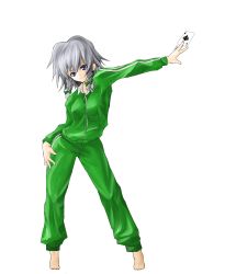 Rule 34 | 1girl, absurdres, ace (playing card), ace of spades, blue eyes, braid, card, female focus, highres, holding, holding card, izayoi sakuya, memento vivi, playing card, short hair, silver hair, simple background, solo, spade (shape), touhou, track suit, twin braids, white background