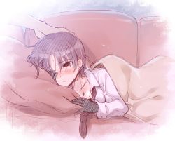 Rule 34 | 1girl, bazett fraga mcremitz, blanket, blush, breasts, cleavage, couch, fate/hollow ataraxia, fate (series), gloves, hand on another&#039;s head, komi zumiko, mole, mole under eye, purple hair, red eyes, short hair, small breasts, solo focus, tears