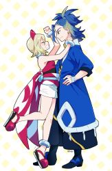 Rule 34 | 1boy, 1girl, adaman (pokemon), anklet, blonde hair, blue coat, blue hair, blush, bracelet, brown eyes, clenched teeth, closed eyes, closed mouth, coat, commentary request, creatures (company), earrings, eyebrow cut, game freak, green hair, hairband, irida (pokemon), jewelry, kngn, leg up, multicolored hair, neck ring, nintendo, pokemon, pokemon legends: arceus, red footwear, red hairband, red shirt, sash, shirt, shoes, short hair, shorts, smile, standing, teeth, tiptoes, trembling, twitter username, white shorts