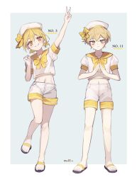 Rule 34 | 1boy, 1girl, arm up, blonde hair, blush, bow, bowtie, closed mouth, cropped shirt, don quixote (project moon), grin, hat, hat bow, highres, limbus company, love mintchoco, matching outfits, project moon, sailor collar, sandals, shirt, short hair, shorts, sinclair (project moon), smile, standing, standing on one leg, steepled fingers, v, white headwear, white shirt, white shorts, yellow bow, yellow bowtie, yellow eyes, yellow sailor collar