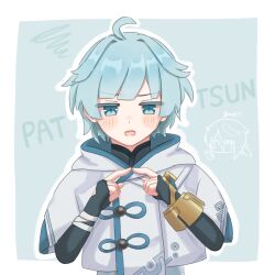 Rule 34 | 1boy, ahoge, aru gnsn, blue background, blue hair, blush, border, child, chinese clothes, chongyun (genshin impact), commentary request, english text, fingerless gloves, genshin impact, gloves, half-closed eyes, highres, hood, hoodie, light blue hair, male focus, open mouth, solo, upper body, white border, white hoodie