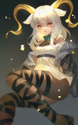 Rule 34 | 1girl, animal ears, arknights, bare shoulders, beeswax (arknights), black jacket, black ribbon, brown eyes, commentary request, dark-skinned female, dark skin, dress, feet out of frame, grey background, hair between eyes, highres, horns, jacket, leg ribbon, long hair, looking at viewer, off-shoulder dress, off shoulder, open clothes, open jacket, open mouth, ribbon, short dress, silver hair, solo, thighs, tuzhate, white dress