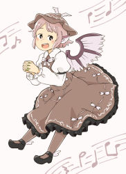 Rule 34 | 1girl, :d, animal ears, beamed quavers, bird ears, bird wings, blush stickers, chii-kun (seedyoulater), collar, collared shirt, crotchet, dress, fingernails, frilled dress, frilled sleeves, frills, full body, green nails, hat, juliet sleeves, long fingernails, long sleeves, looking to the side, mary janes, minim, music, musical note, mystia lorelei, nail polish, neck ribbon, open mouth, own hands clasped, own hands together, pantyhose, pink background, pink eyes, pink hair, puffy sleeves, quaver, ribbon, sharp fingernails, shirt, shoes, short hair, simple background, singing, smile, solo, staff (music), teeth, touhou, wings