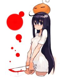Rule 34 | 1girl, black eyes, blood, bloody weapon, blush, breasts, closed mouth, commentary request, cowboy shot, cropped legs, dress, harau, holding, holding knife, knife, long hair, original, purple hair, short dress, short sleeves, sketch, small breasts, smile, solo, very long hair, weapon, white dress