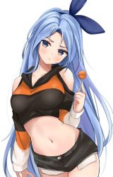Rule 34 | 1girl, bare shoulders, black shirt, black shorts, blue eyes, blue hair, borrowed character, breasts, candy, clothing cutout, collarbone, cowboy shot, crop top, exposed pocket, food, frown, hair ribbon, head tilt, holding, lollipop, long hair, looking at viewer, medium breasts, micro shorts, midriff, bae minah (chaesu), navel, original, revealing clothes, ribbon, ry thae, shirt, short shorts, shorts, shoulder cutout, simple background, solo, standing, stomach, very long hair, white background