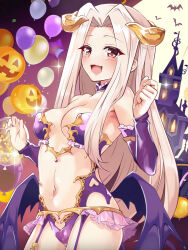 Rule 34 | 1girl, bare shoulders, blush, breasts, cleavage, collarbone, commentary, demon horns, demon tail, demon wings, fate/grand order, fate (series), halloween, highres, horns, irisviel von einzbern, irisviel von einzbern (halloween princess), long hair, looking at viewer, medium breasts, mochi (k620803n), navel, open mouth, parted bangs, red eyes, smile, solo, tail, thighs, white hair, wings
