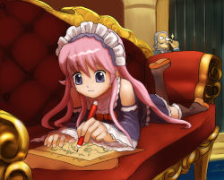 Rule 34 | absurdres, aoze, boots, couch, drawing, headdress, highres, long hair, lying, original, pink hair, purple eyes, solo