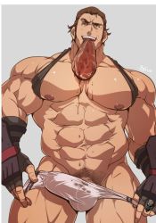 Rule 34 | 1boy, abs, bara, brown hair, bulge, character request, copyright request, crotch, food, male focus, muscular, rlbiok, solo, steak, tagme, teeth, underwear, undressing