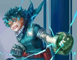 Rule 34 | 1boy, absurdres, asymmetrical gloves, belt, belt pouch, blue bodysuit, blue eyes, blue gloves, blue hair, blue pupils, bodysuit, boku no hero academia, bright pupils, buckle, cape, clenched hands, clenched teeth, commentary request, curly hair, electricity, floating clothes, foreshortening, freckles, gloves, gradient background, green gloves, hands up, highres, leaning forward, blue background, looking ahead, male focus, mask, mask around neck, midoriya izuku, mismatched gloves, mouth mask, outstretched arm, partial commentary, pouch, red belt, red cape, short hair, snap-fit buckle, teeth, upper body, utility belt, v-shaped eyebrows, white gloves, wrinkled fabric, yomoyama yotabanashi