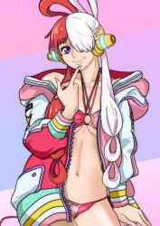 Rule 34 | 1girl, absurdres, bikini, braid, breasts, female focus, fingernails, headphones, highres, jacket, large breasts, letterman jacket, long fingernails, looking at viewer, multicolored hair, one eye covered, one piece, one piece film: red, pale skin, purple eyes, red hair, smile, solo, swimsuit, two-tone hair, uta (one piece), white hair