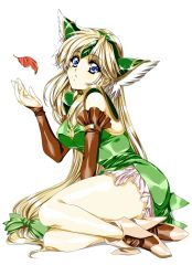 Rule 34 | 1girl, armor, blonde hair, blue eyes, boots, bow, breasts, bridal gauntlets, character name, cleavage, dress, forehead jewel, green ribbon, hair bow, hair ribbon, helmet, highres, jewelry, leaf, long hair, low-tied long hair, md5 mismatch, medium breasts, parted lips, pauldrons, ribbon, riesz, seiken densetsu, seiken densetsu 3, short dress, shoulder armor, simple background, solo, sparkle, tamiya akito, very long hair, winged helmet