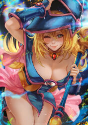 Rule 34 | 1girl, ;), arm up, bare shoulders, blonde hair, breasts, cleavage, collar, dark magician girl, duel monster, gem, green eyes, hat, highres, holding, large breasts, long hair, looking at viewer, magion02, multicolored background, one eye closed, pentacle, smile, solo, wizard hat, yu-gi-oh!