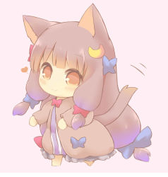Rule 34 | 1girl, animal ears, blush, brown eyes, cat ears, catchouli (hazuki ruu), chibi, commentary request, crescent, crescent hair ornament, dress, full body, hair ornament, hair ribbon, hazuki ruu, heart, kemonomimi mode, long hair, looking at viewer, motion lines, no headwear, no headwear, patchouli knowledge, pink background, purple hair, ribbon, simple background, smile, solo, standing, touhou