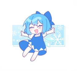 Rule 34 | 1girl, barefoot, bloomers, blue bow, blue dress, blue hair, bow, cirno, closed eyes, commentary, detached wings, dress, facing viewer, full body, hair bow, ice, ice wings, open mouth, outstretched arms, short hair, short sleeves, snowflakes, solo, toichou butterfly, touhou, underwear, wings