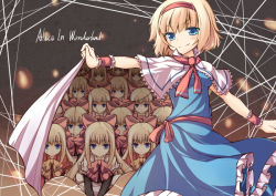 Rule 34 | 1girl, alice in wonderland, alice margatroid, aqua eyes, blonde hair, capelet, doll, expressionless, female focus, fuguno, hairband, looking at viewer, outstretched arm, shanghai doll, short hair, smile, solo, string, touhou, wrist cuffs