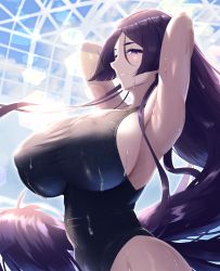 Rule 34 | 1girl, black one-piece swimsuit, breasts, competition swimsuit, covered erect nipples, fate/grand order, fate (series), from side, grin, hands in hair, highres, huge breasts, lens flare, long hair, minamoto no raikou (fate), one-piece swimsuit, purple eyes, purple hair, shiroshisu, sideboob, sidelocks, smile, solo, swimsuit, very long hair, wet