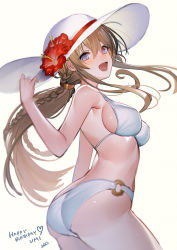 Rule 34 | 1girl, :d, alternate hairstyle, artist name, ass, bare arms, bare shoulders, beige background, bikini, blue eyes, blush, braid, breasts, brown hair, character name, commentary request, floating hair, flower, from below, hair between eyes, hand on headwear, hand up, hanusu, happy birthday, hat, hat flower, hibiscus, highres, idolmaster, idolmaster million live!, kousaka umi, light particles, long hair, looking at viewer, looking back, medium breasts, o-ring, o-ring bikini, o-ring bottom, open mouth, ponytail, red flower, sideboob, sidelocks, simple background, smile, solo, standing, strap gap, string bikini, sun hat, swimsuit, twin braids, white background, white bikini, white hat