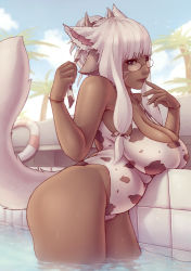Rule 34 | 1girl, animal ears, animal print, ayeda, bare shoulders, blue eyes, blue sky, blurry, blurry background, breasts, cat ears, cat tail, cleavage, cloud, commission, cow ears, cow horns, cow print, dark-skinned female, dark skin, day, facial mark, fictional persona, final fantasy, final fantasy xiv, finger to mouth, glasses, hair ribbon, horns, large breasts, lifebuoy, lips, long hair, looking at viewer, miqo&#039;te, one-piece swimsuit, plump, pool, profile, ribbon, rimless eyewear, sky, smile, solo, soranamae, standing, swim ring, swimsuit, tail, warrior of light (ff14), water, white hair