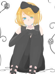 Rule 34 | 1girl, absurdres, black bow, black gloves, black pants, black skirt, blonde hair, blue eyes, bow, commentary request, elbow gloves, feet out of frame, gloves, grey background, grin, hair between eyes, hair bow, hara id 21, highres, kagamine rin, looking at viewer, no lineart, pants, simple background, sitting, skirt, smile, solo, vocaloid