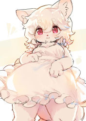 Rule 34 | 1girl, :3, animal ear fluff, animal ears, apron, blush, body fur, commentary request, dog ears, dog tail, from below, furry, furry female, hands on own stomach, kishibe, looking down, naked apron, original, red eyes, short hair, smile, solo, tail, white apron, white hair