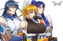 Rule 34 | 3girls, :d, aphrodite (shuumatsu no valkyrie), bare shoulders, blonde hair, blue eyes, blue hair, bodysuit, breast hold, breasts, closed eyes, closed mouth, elbow gloves, fishnets, gloves, grin, highres, igawa asagi, igawa sakura, impossible clothes, large breasts, leotard, long hair, looking to the side, meme, multiple girls, muscular, muscular female, ninja, open mouth, parody, ponytail, remchi301, servants holding aphrodite&#039;s breasts (meme), short hair, shuumatsu no valkyrie, siblings, signature, simple background, sisters, smile, taimanin (series), taimanin asagi, taimanin murasaki, taimanin suit, teeth, upper body, white background, white leotard, yatsu murasaki