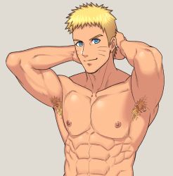 Rule 34 | 1boy, abs, arima (arima bn), arm behind head, armpit hair, armpits, bara, biceps, blonde hair, highres, looking at viewer, male focus, manly, mature male, muscular, muscular male, naruto (series), nipples, pectorals, smile, solo, spiked hair, topless male, upper body, uzumaki naruto, yellow eyes