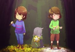 Rule 34 | 1boy, 2girls, = =, androgynous, animal ears, asriel dreemurr, bandaid, bandaid on face, blunt bangs, blush stickers, bob cut, chara (undertale), closed eyes, denim, dual persona, evil smile, fangs, flower, flowey (undertale), frisk (undertale), furry, hands on own knees, heart, heart necklace, jeans, jewelry, knife, legs together, locket, monster boy, multiple girls, necklace, painting (medium), pants, pendant, shirt, shoes, shorts, sitting, smile, socks, spoilers, standing, stick, striped clothes, striped shirt, sweater, time paradox, traditional media, turtleneck, undertale, watercolor (medium), yu8