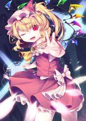 Rule 34 | 1girl, ;d, absurdres, ascot, blonde hair, commentary request, contrapposto, crystal, danmaku, fangs, flandre scarlet, foreshortening, frilled shirt collar, frills, gunjou row, hair between eyes, hat, hat ribbon, head tilt, highres, looking at viewer, lower teeth only, magic circle, mob cap, one eye closed, open mouth, outstretched arm, pentagram, pink hat, reaching, reaching towards viewer, red eyes, red skirt, red vest, ribbon, short hair, side ponytail, skirt, slit pupils, smile, solo, standing, teeth, touhou, vest, wings, yellow ascot