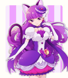Rule 34 | 1girl, a syu z, bow choker, choker, collarbone, cowboy shot, cure macaron, dated, dress, earrings, elbow gloves, extra ears, food-themed hair ornament, frilled dress, frills, gloves, hair ornament, highres, jewelry, kirakira precure a la mode, lips, looking at viewer, macaron hair ornament, magical girl, pom pom (clothes), pom pom earrings, pouch, precure, puffy short sleeves, puffy sleeves, purple background, purple choker, purple dress, purple tail, purple theme, short sleeves, signature, smile, solo, striped, striped background, twitter username, two-tone background, two-tone dress, white background, white dress, white gloves