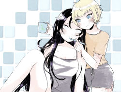 Rule 34 | 2girls, animification, apex legends, black hair, blonde hair, blue eyes, breasts, brushing another&#039;s teeth, camisole, cleavage, collarbone, cup, facial scar, grey camisole, grey eyes, grey shorts, head tilt, holding, holding cup, kogomo, long hair, looking at another, medium breasts, mug, multiple girls, nessie (respawn), orange shirt, scar, scar on cheek, scar on face, scar on leg, shirt, short hair, shorts, sitting, smile, wattson (apex legends), wraith (apex legends), yuri