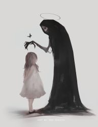 Rule 34 | 1girl, 1other, aoi ogata, arms behind back, black butterfly, brown hair, bug, butterfly, dress, fingernails, gradient background, halo, highres, insect, long fingernails, looking down, medium hair, monster, original, reaching, shoes, signature, size difference, skull, standing, white dress
