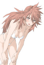 Rule 34 | 1girl, amou kanade, bent over, bikini, blush, breasts, cleavage, collarbone, covered erect nipples, elf (stroll in the woods), female focus, highres, large breasts, long hair, looking at viewer, navel, open mouth, red eyes, red hair, senki zesshou symphogear, simple background, solo, swimsuit, white background, white bikini