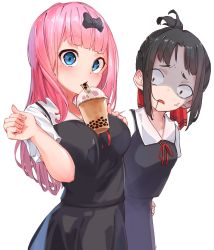 Rule 34 | 2girls, black bow, black dress, black hair, blue eyes, blunt bangs, bow, breast envy, breasts, bubble tea, bubble tea challenge, collared dress, constricted pupils, cup, disposable cup, dress, drink, drinking, drinking straw, drinking straw in mouth, fujiwara chika, hair bow, hair in own mouth, hair ribbon, highres, holding, holding cup, iced tea, kaguya-sama wa kokurasetai ~tensai-tachi no renai zunousen~, long hair, looking at viewer, meme, multiple girls, neck ribbon, object on breast, open mouth, parted bangs, pink hair, re:ankh (mrsz4523), red eyes, red ribbon, ribbon, school uniform, shinomiya kaguya, shuuchiin academy school uniform, sidelocks, simple background, summer uniform, surprised, tea, veins, white background, wide-eyed