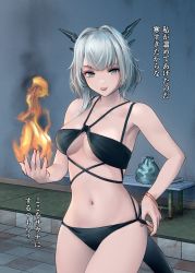 Rule 34 | 1girl, absurdres, arknights, bag, bench, bikini, black bikini, breasts, cowboy shot, dragon girl, dragon horns, dragon tail, fire, grey hair, hair intakes, highres, horns, indoors, looking at viewer, medium breasts, navel, open mouth, originium arts (arknights), poolside, short hair, signature, solo, stomach, swimsuit, tail, talulah (arknights), teeth, thighs, translation request, underboob, upper teeth only, welt (kinsei koutenkyoku), wristband