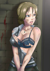 Rule 34 | 1girl, beaten, blood, bra, breasts, brown hair, bruise, buttons, cleavage, fishneak, helena harper, injury, jewelry, large breasts, necklace, open mouth, resident evil, resident evil 6, solo, sweat, torn clothes, underwear, vest