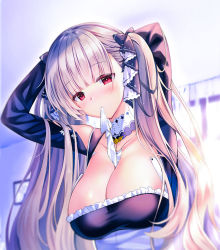 Rule 34 | 1girl, azur lane, bare shoulders, between breasts, black dress, blurry, blurry background, blush, breasts, cleavage, depth of field, dress, earrings, formidable (azur lane), frilled dress, frills, grey hair, hair ribbon, indoors, jewelry, large breasts, light particles, long hair, long sleeves, looking at viewer, mouth hold, red eyes, rei (rei&#039;s room), ribbon, solo, twintails, two-tone dress, two-tone ribbon, very long hair